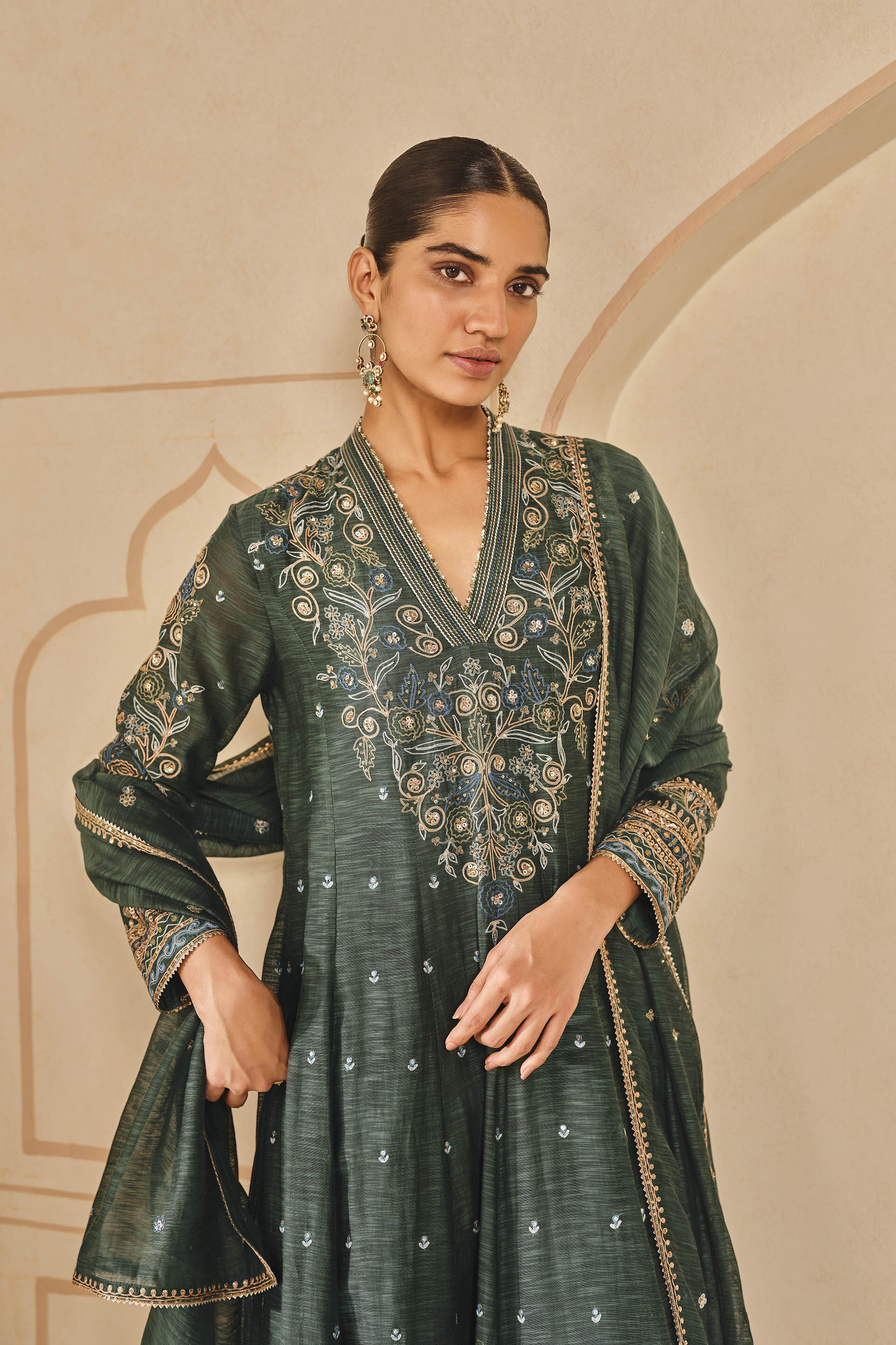Zunaira Embroidered Mul Anarkali Set - Green, Emerald, image 4